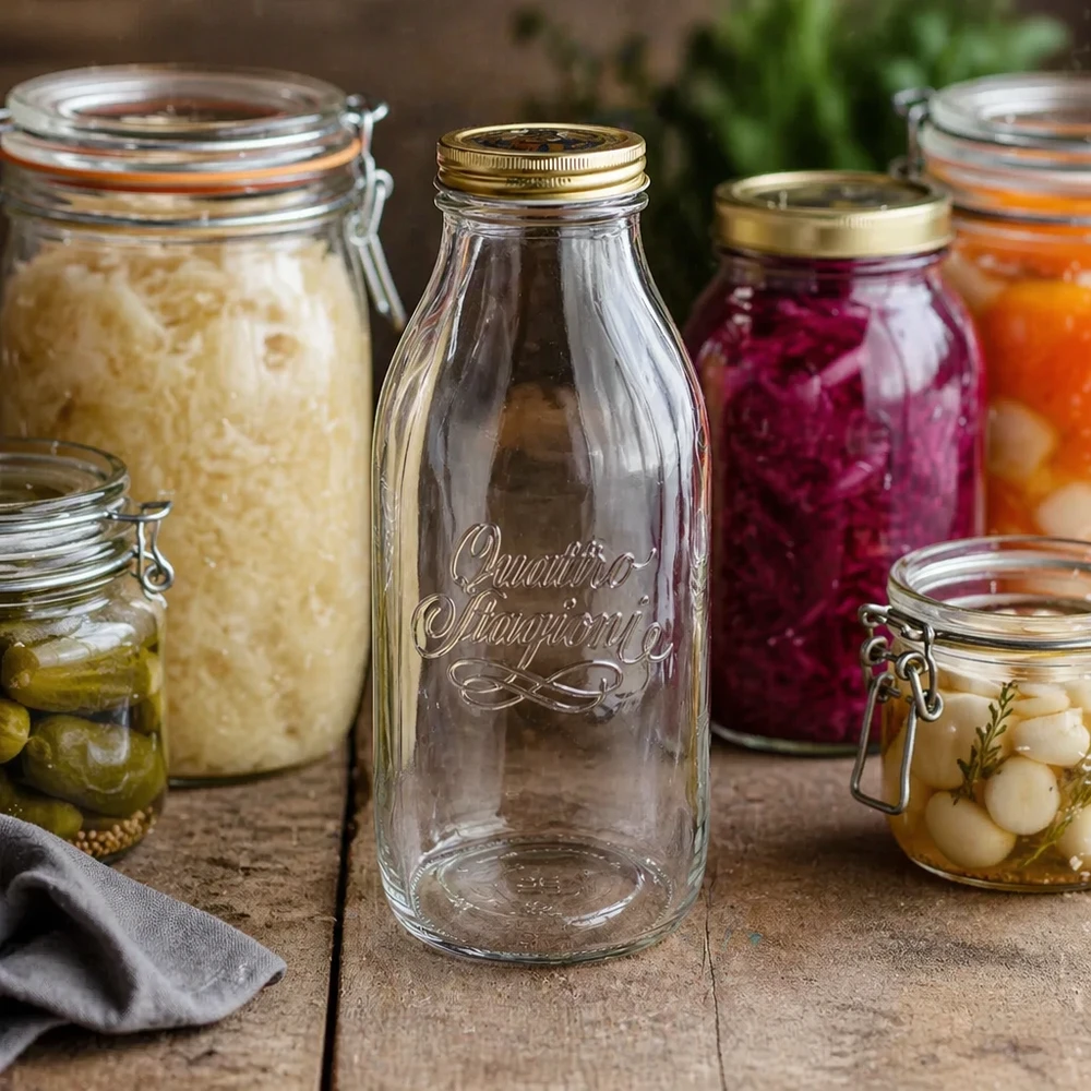 1000ml glasflaska "Quattro Stagioni" med lock Quattro Stagioni 1000 ml glasflaska mellan konserveringsburkar med fermenterade grönsaker och inlagda livsmedel