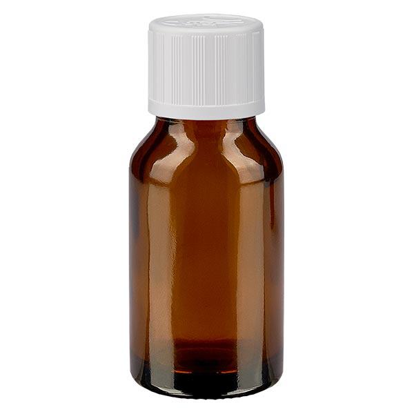 Apoteksflaska brun 15ml med skruvkork vit Barnsäker standard Apoteksflaska brun 15ml med skruvkork vit Barnsäker standard