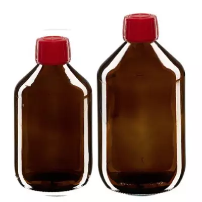 Flacons médicaux bruns avec bouchon rouge