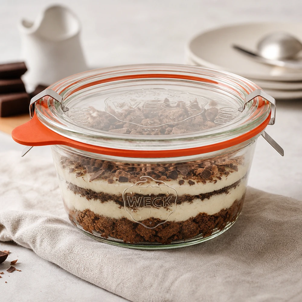 290ml Krossade glasögon låg komplett WECK RR100 WECK glas 290ml RR100 fyllda med lagrad dessert Tiramisu visar mångsidig användning som dessertburk