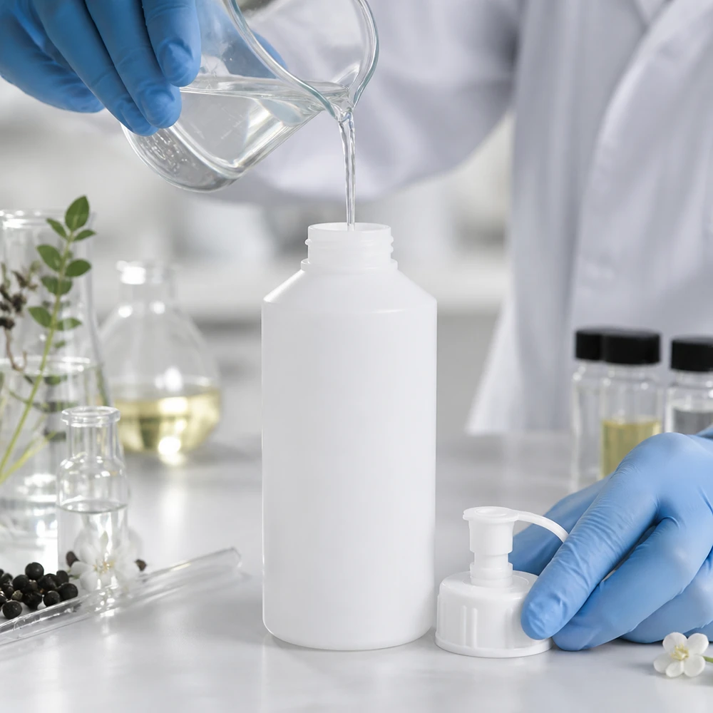 En laboratorieassistent med blå handskar fyller en vit 50 ml HDPE-apotekflaska med pumpförslutning