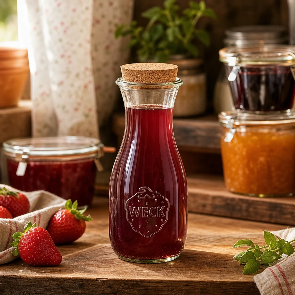 530ml juiceflaska WECK RR60 med kork naturell WECK juiceflaska 530ml fylld med röd juice på träbord bredvid syltburkar och färska jordgubbar Kök