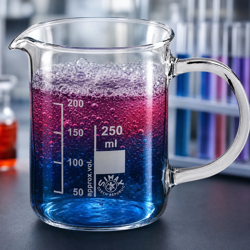 Bägare 250ml borosilikatglas, med handtag Eppendorfglas på 250 ml med handtag och blå-lila vätska med bubblor i en laboratoriemiljö