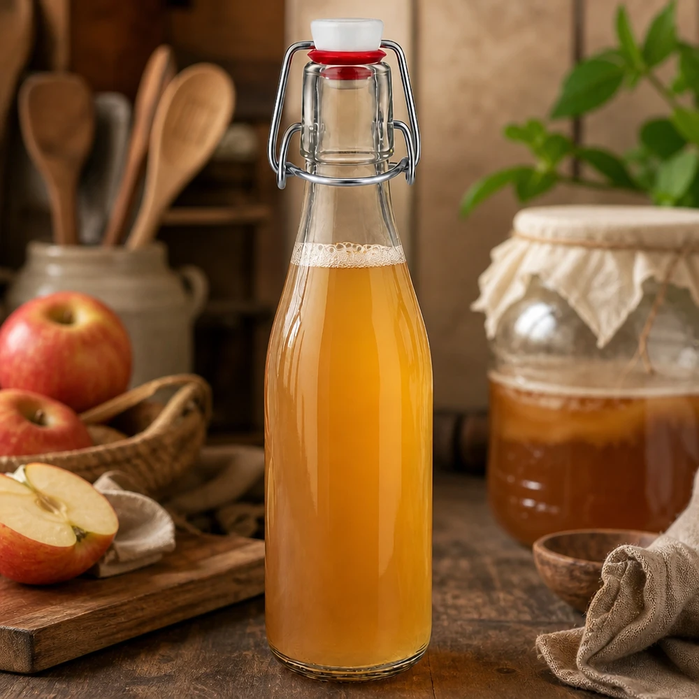 250ml glasflaska + svängbar topp porslin UNiTWIST Glasflaska 250 ml med svängbar topp fylld med äppeljuice, äppelskivor och syltburk i bakgrunden