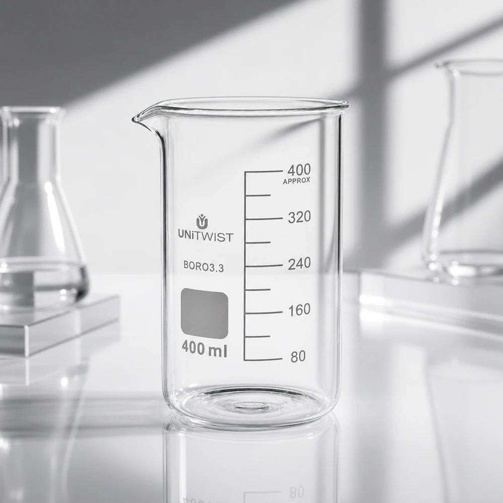 Bägare 400ml borosilikat, högformad UNiTWIST Tomt, klart bägarglas, 400 ml, hög form, borosilikatglas 3.3, med skala från 80 till 400 ml, UNITWIST
