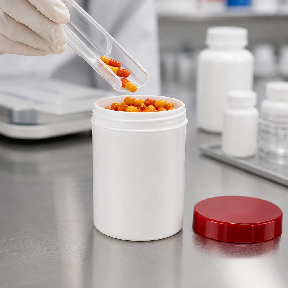 Salvburk 150g vit med rött skruvlock (polypropylen) Apotekaren fyller kapslar i en vit PP-salvburk på 150 g med rött skruvlock på ett bord av rostfritt stål