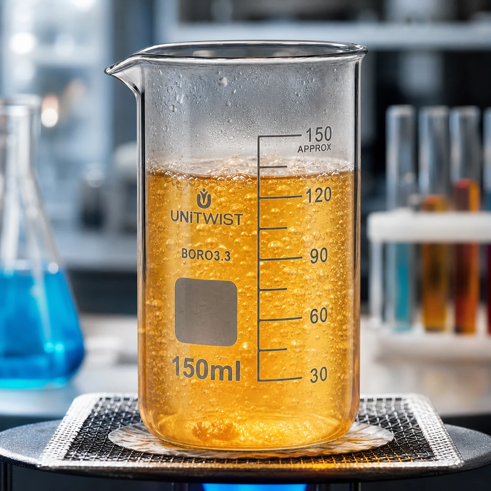 Bägare 150ml borosilikat, hög form UNiTWIST UNITWIST bägare, 150 ml, hög form, borosilikatglas, med kokande orange-gul vätska på värmeplattan
