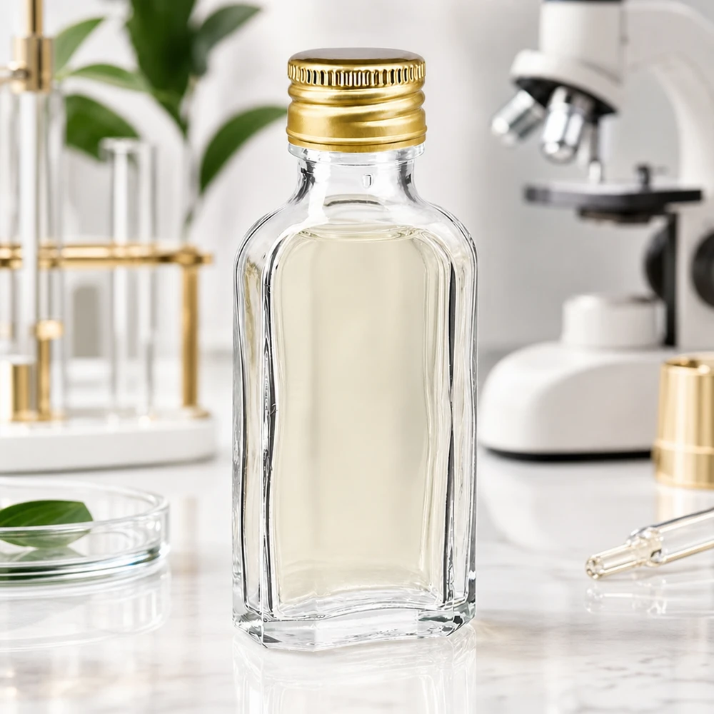 50 ml Meplat klar med aluminiumlock guld PP22 Genomskinlig Meplat-miniflaska, 50 ml, med guldglänsande skruvlock av aluminium, PP22, i ett vetenskapslaboratorium