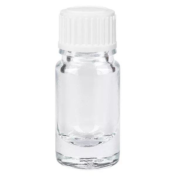 Apoteksflaska klar 5 ml med skruvkork vit/svart globuler standard Apoteksflaska klar 5 ml med skruvkork vit/svart globuler standard