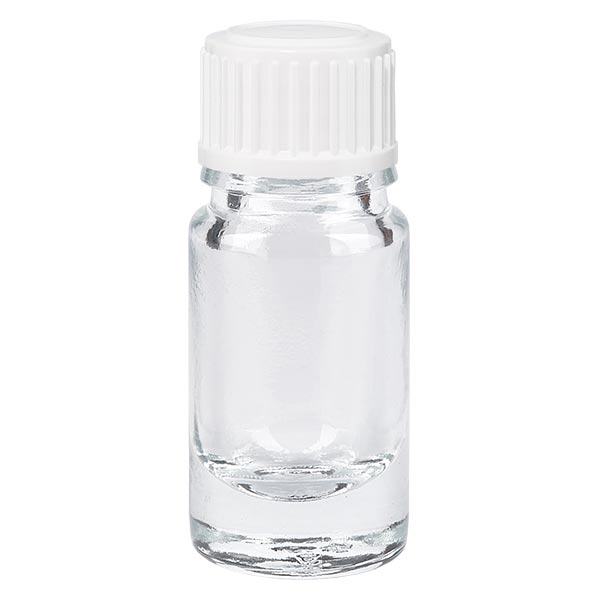 Apoteksflaska klar 5 ml med skruvkork vit/svart globuler standard Apoteksflaska klar 5 ml med skruvkork vit/svart globuler standard