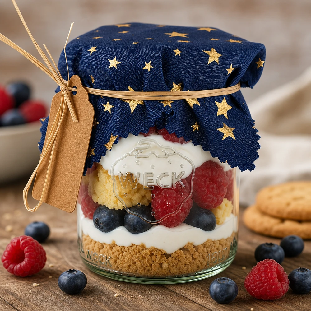 Smyckeslock blå Stjärnor 12 cm kvadratisk Dessert im Glas mit blauem Sternen-Stoffdeckchen, Beeren-Trifle dekorativ abgedeckt, festliche Präsentation für Gäste