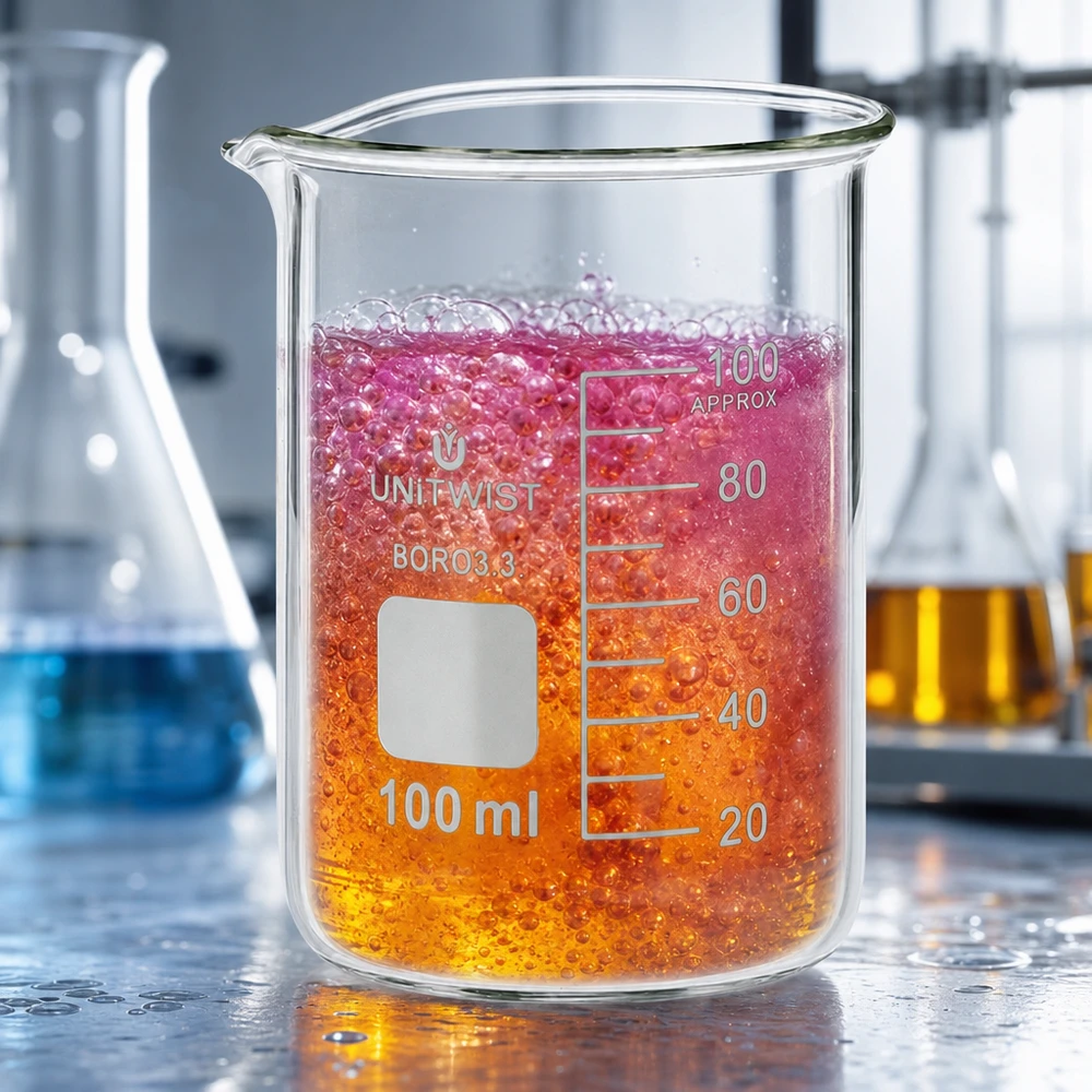 Bägare 100ml borosilikat, lågformad UNiTWIST 100 ml begerglas, låg form, med orange-rosa reaktionsvätska och bubblor – UNiTWIST