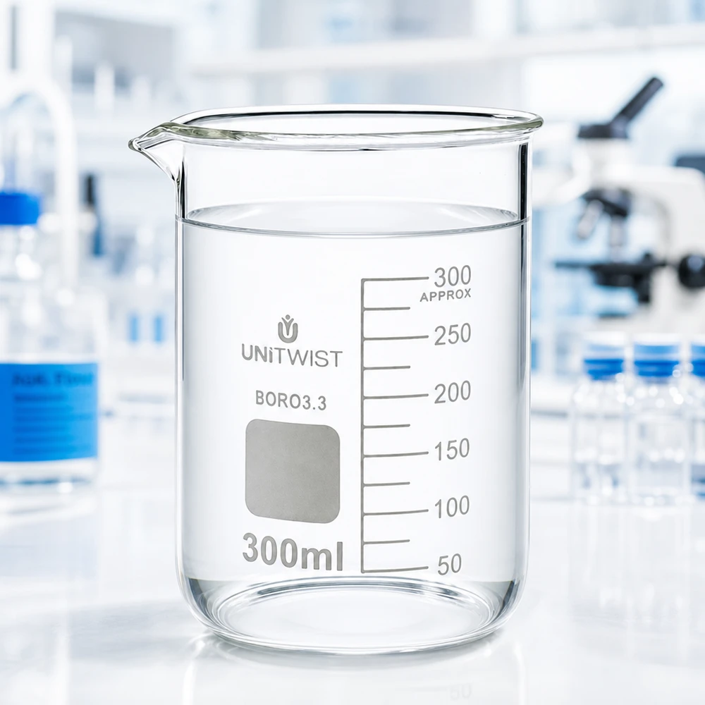 Bägare 300ml borosilikat, lågformad UNiTWIST Laboratoriefoto: UNiTWIST-bägare, 300 ml, borosilikatglas, låg profil, med måttskala i bakgrunden, mikroskop