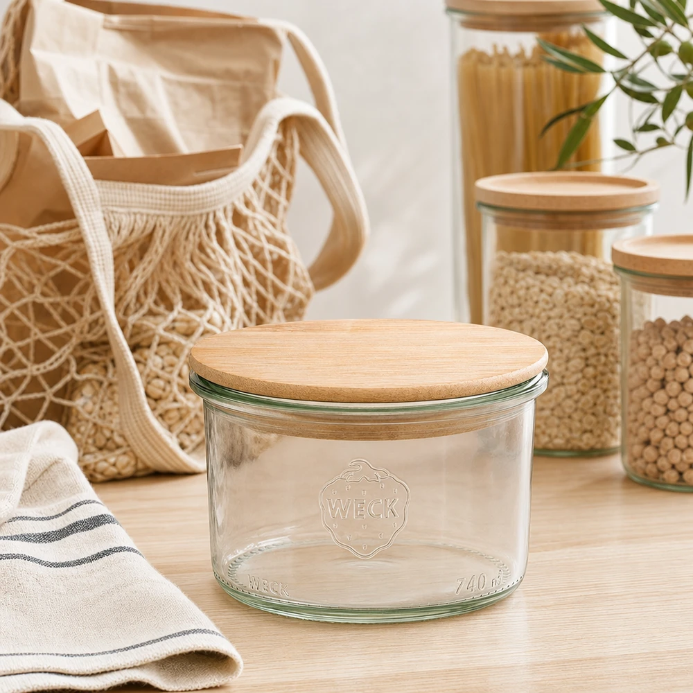 200ml Krossade glasögon WECK RR80 med trälock WECK Sturzglas 200ml mit Holzdeckel in moderner Zero-Waste Küche mit Vorratsgläsern und nachhaltigen Textilien