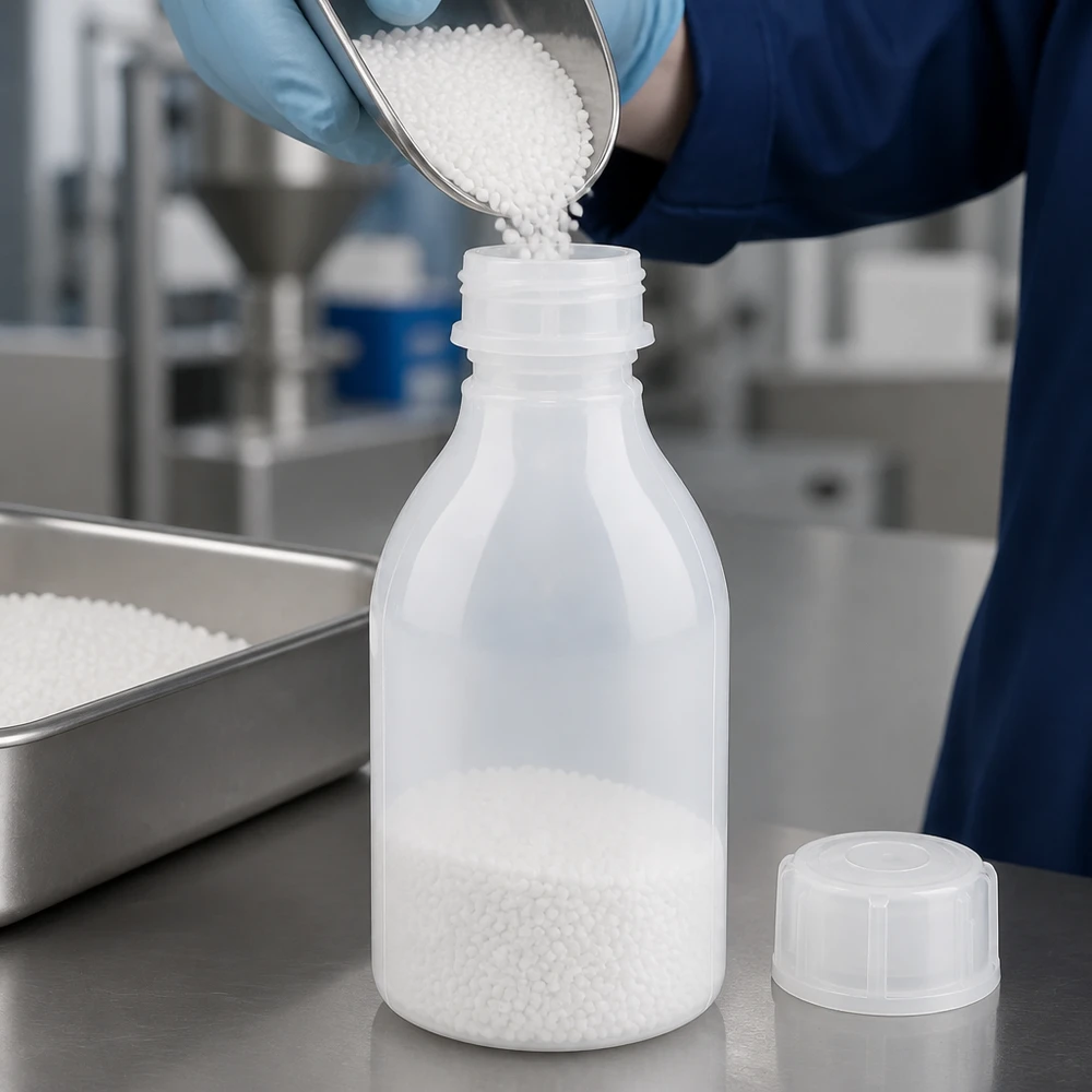 En laboratorieassistent häller vita plastgranulat med en skopa i en 30 ml skruvflaska med smal hals
