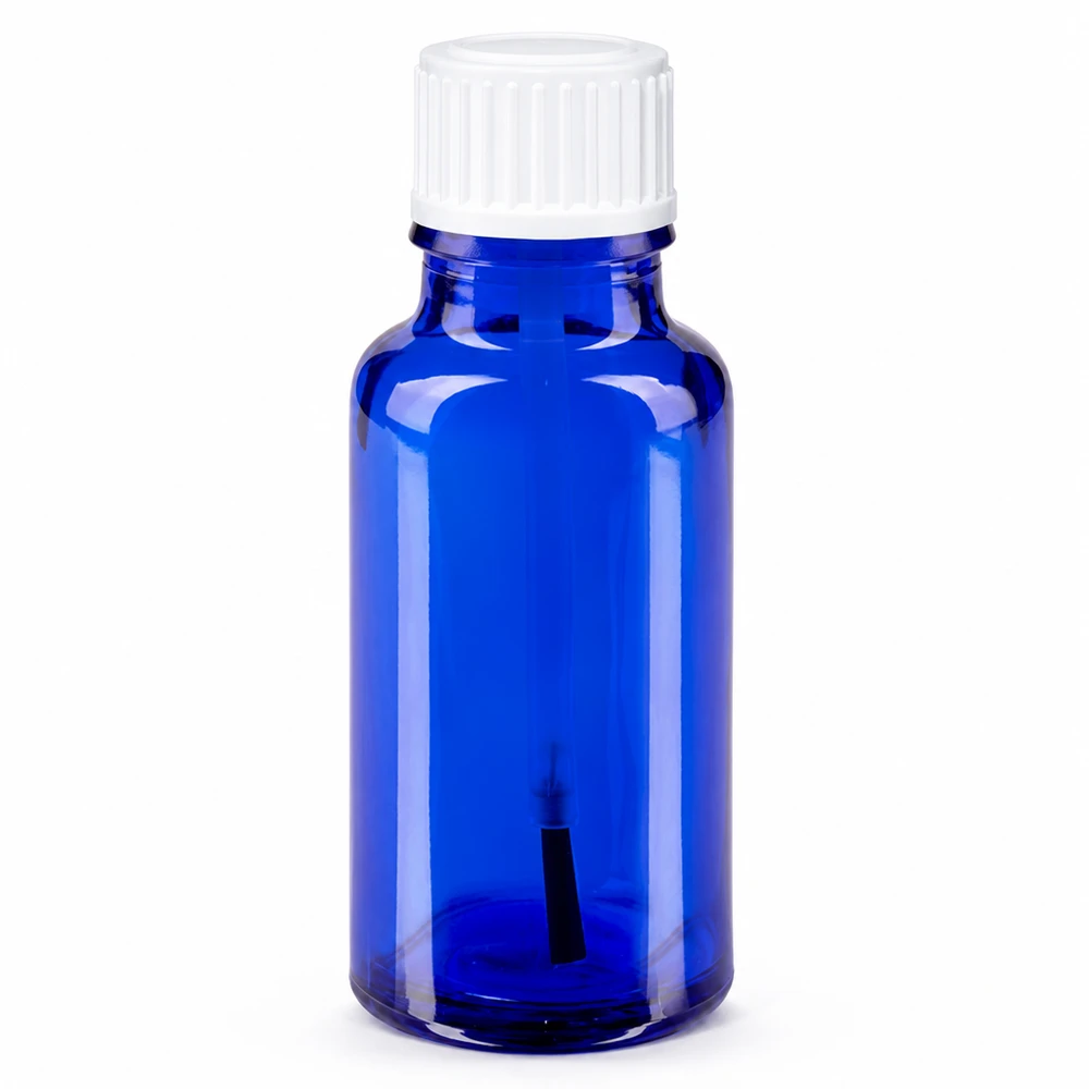 Apoteksflaska blå 20ml skruvlock vit borste 20 ml blå apoteksflaska i glas med vitt skruvlock