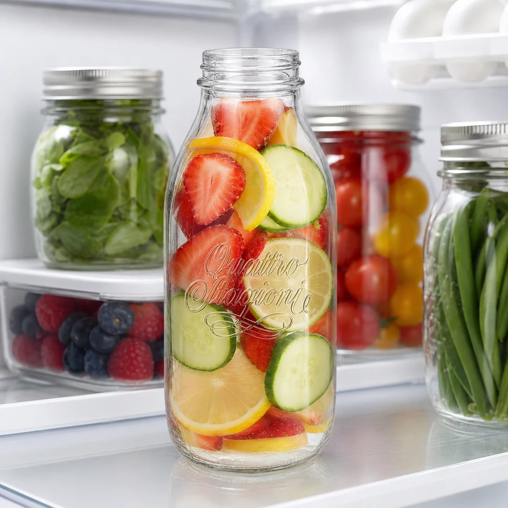 1000 ml glasflaska "Quattro Stagioni" QS56mm Quattro Stagioni 1000ml Weithalsflasche mit Obst und Gemüse im Kühlschrank für Infused Water und Meal Prep
