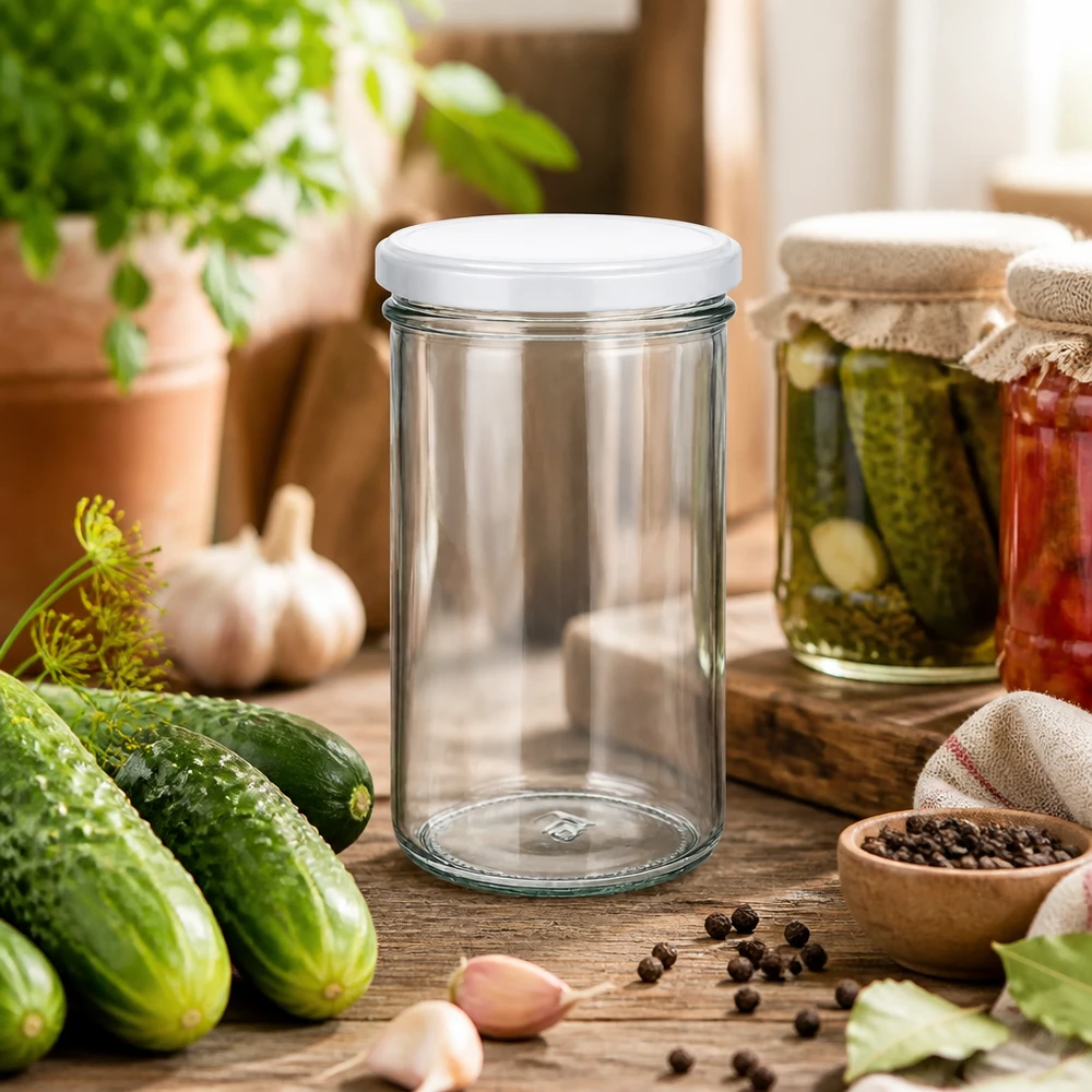 Muggar 277 ml med lock BasicSeal vit UNiTWIST 277ml Sturzglas in rustikaler Küchenszene mit Gurken und Gewürzen - vielseitiges Einmachglas für Pickles