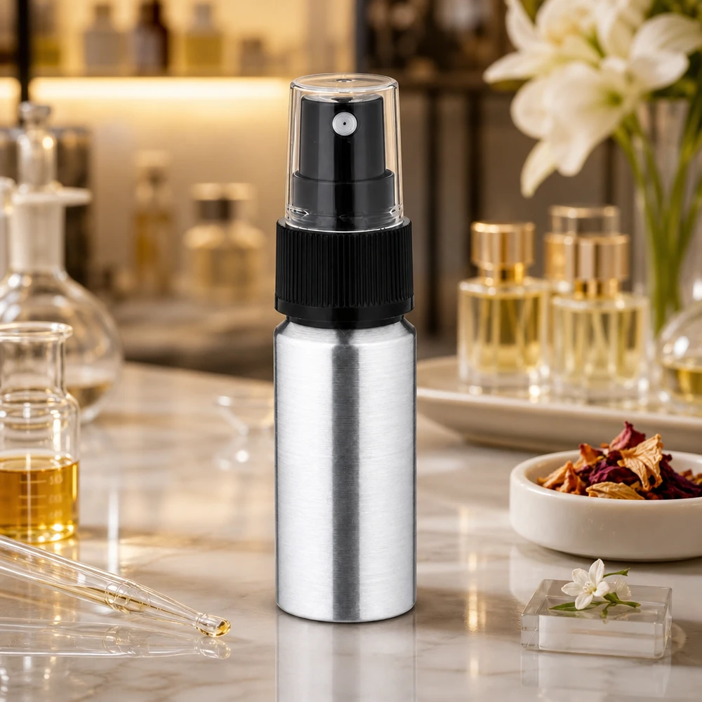 20ml polerad aluminiumflaska med atomiserare Silverfärgad 20 ml aluminiumflaska med atomiserare - perfekt resestorlek för parfym och kosmetika