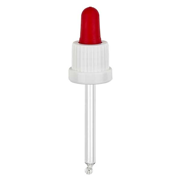 Dropp-pipett av glas vit/röd 18mm PL66 med manipulationsskyddad förslutning Dropp-pipett av glas vit/röd 18mm PL66 med manipulationsskyddad förslutning