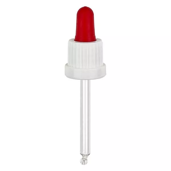 Dropp-pipett av glas vit/röd 18mm PL66 med manipulationsskyddad förslutning Dropp-pipett av glas vit/röd 18mm PL66 med manipulationsskyddad förslutning