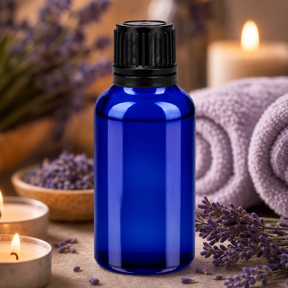 30 ml aromaterapiflaska av högkvalitativt blått glas med barnsäkert lock