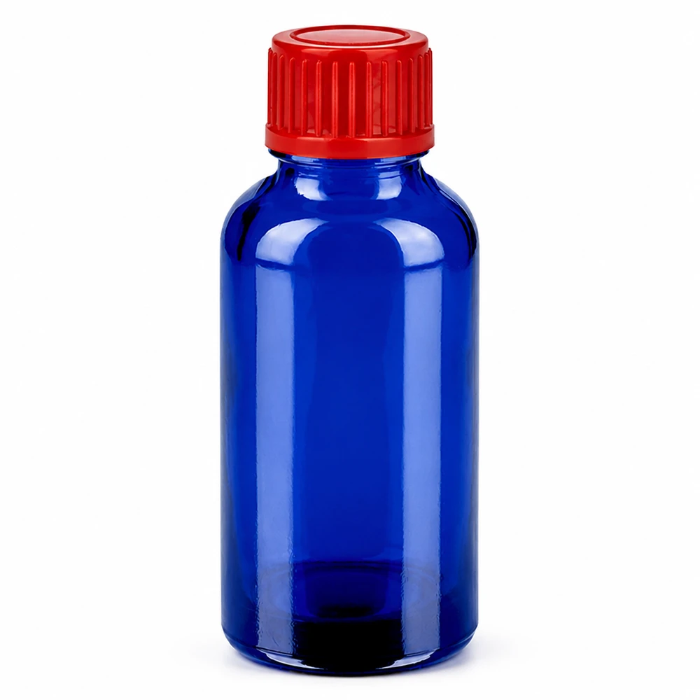 30 ml blå glasflaska med rött skruvlock för kosmetika och läkemedel