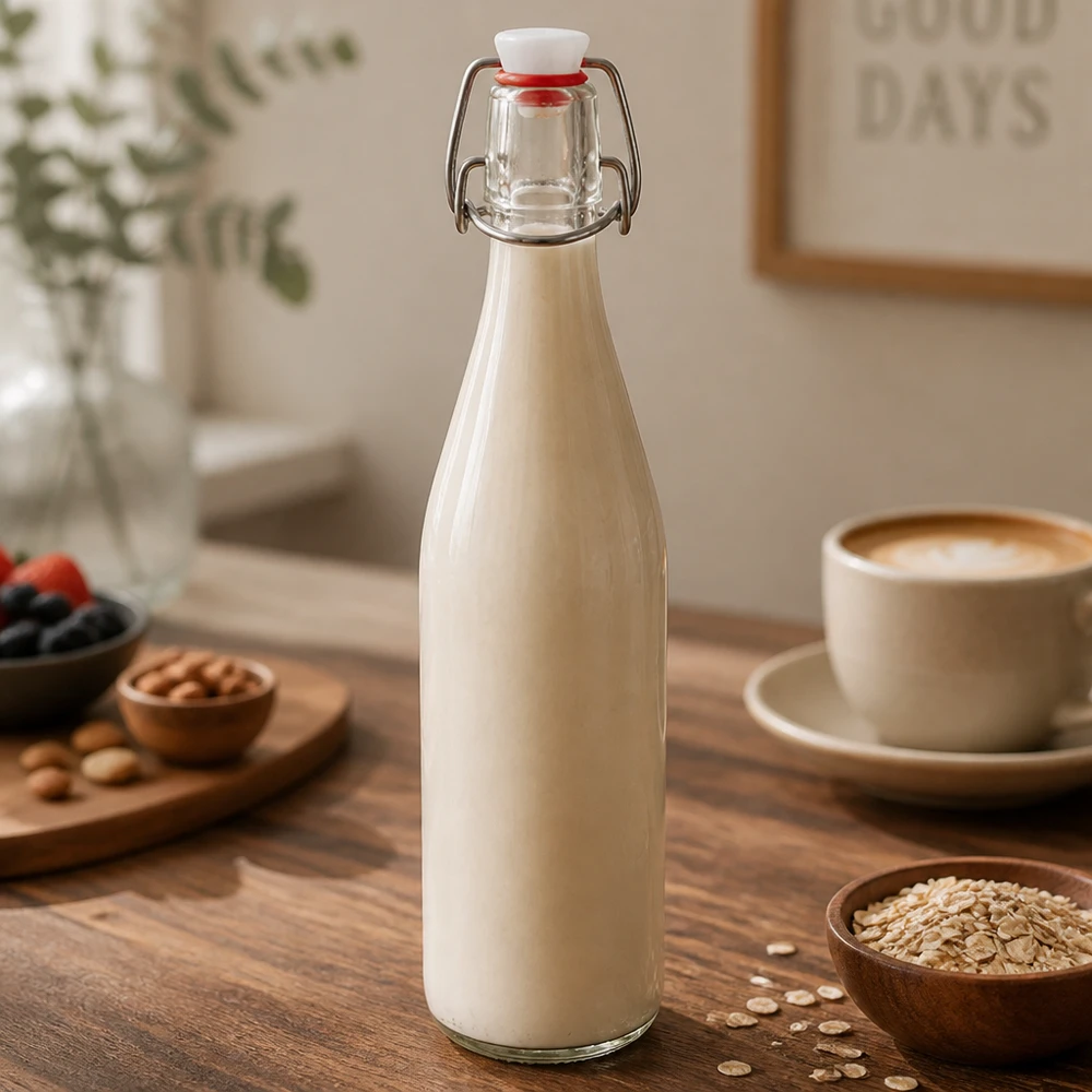 500ml glasflaska + svängbar topp porslin UNiTWIST Glasflaska med svängbart lock 500 ml fylld med havremjölk på träbord bredvid kaffekopp och havregrynsgröt