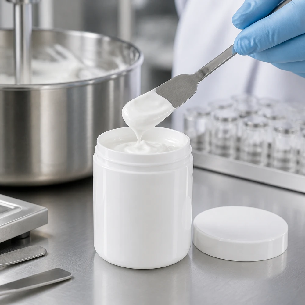 Salvburk 300g vit med vitt skruvlock (polypropylen) Vit 300 g PP-salvburk med spatel vid påfyllning inom läkemedelsproduktionen