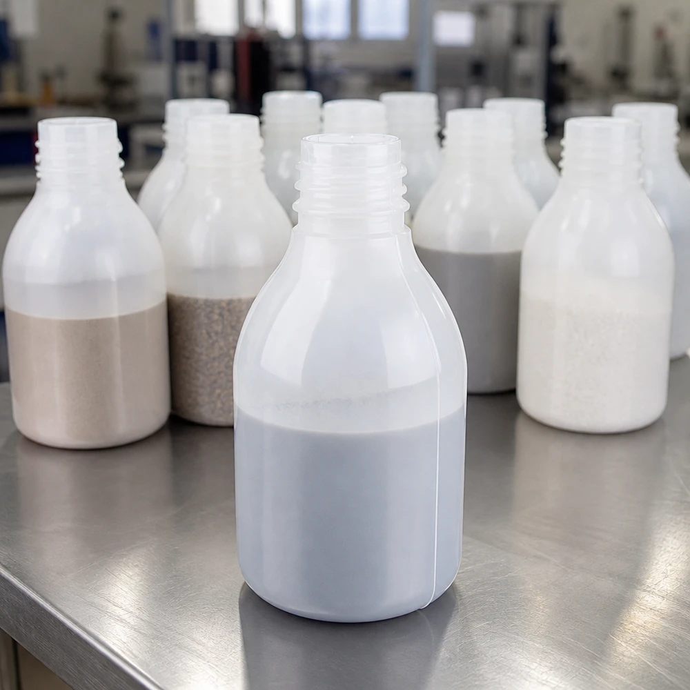 Flera 30 ml laboratorieflaskor med smal hals utan lock, innehållande olika pulverprover, på ett bord av rostfritt stål