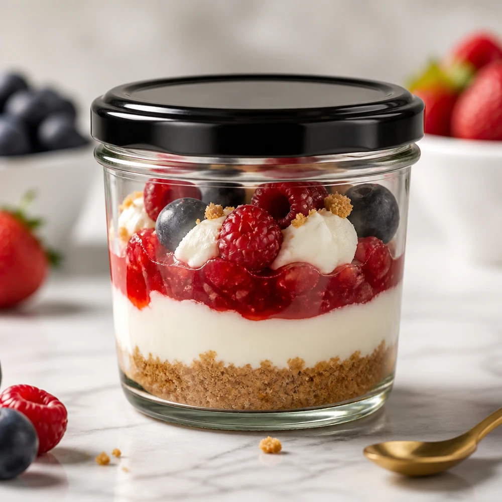 230ml Krossade glasögon med BasicSeal-lock svart UNiTWIST 230 ml glas med BasicSeal-lock svart fyllda med bärdessert visar elegant portionering och presentation