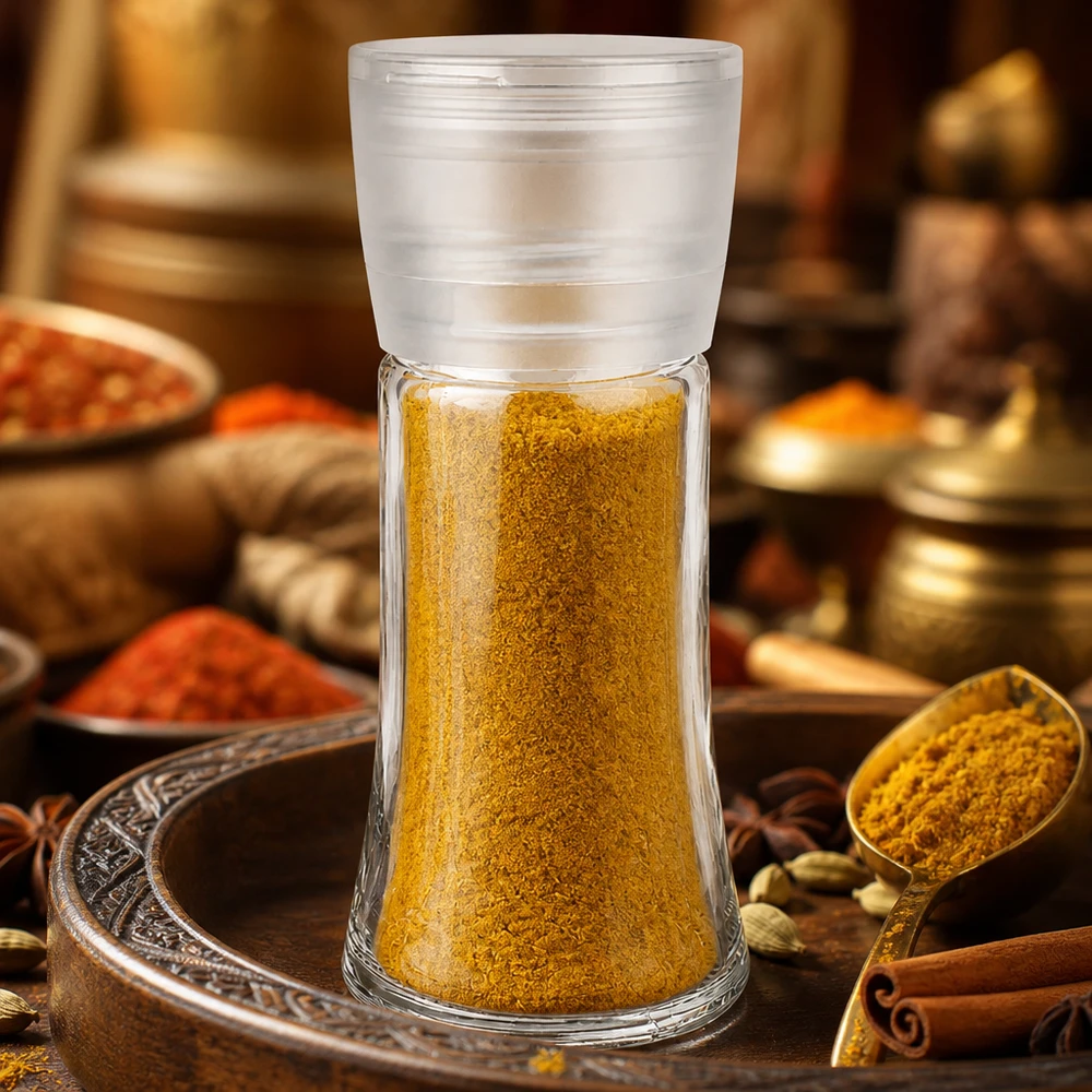 Salt- och kryddburk 95 ml med kvarn, Vario, vit Kryddburk 95 ml Vario med vit kvarn, fylld med gult currypulver i orientalisk miljö