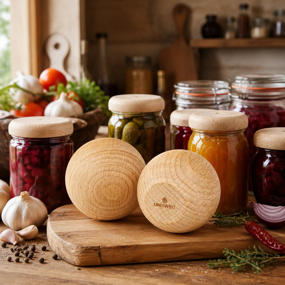 UNiTWIST trä bok WECK RR60 kulor i ett rustikt kök med konserveringsburkar och färska ingredienser Användningsexempel