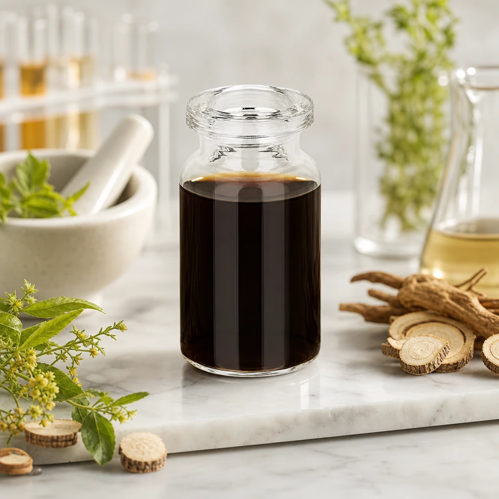 Injektionsflaska klarglas 5ml Klarglas Injektionsflasche 5ml für Naturextrakte mit Likörwurzel und grünen Kräutern dekoriert