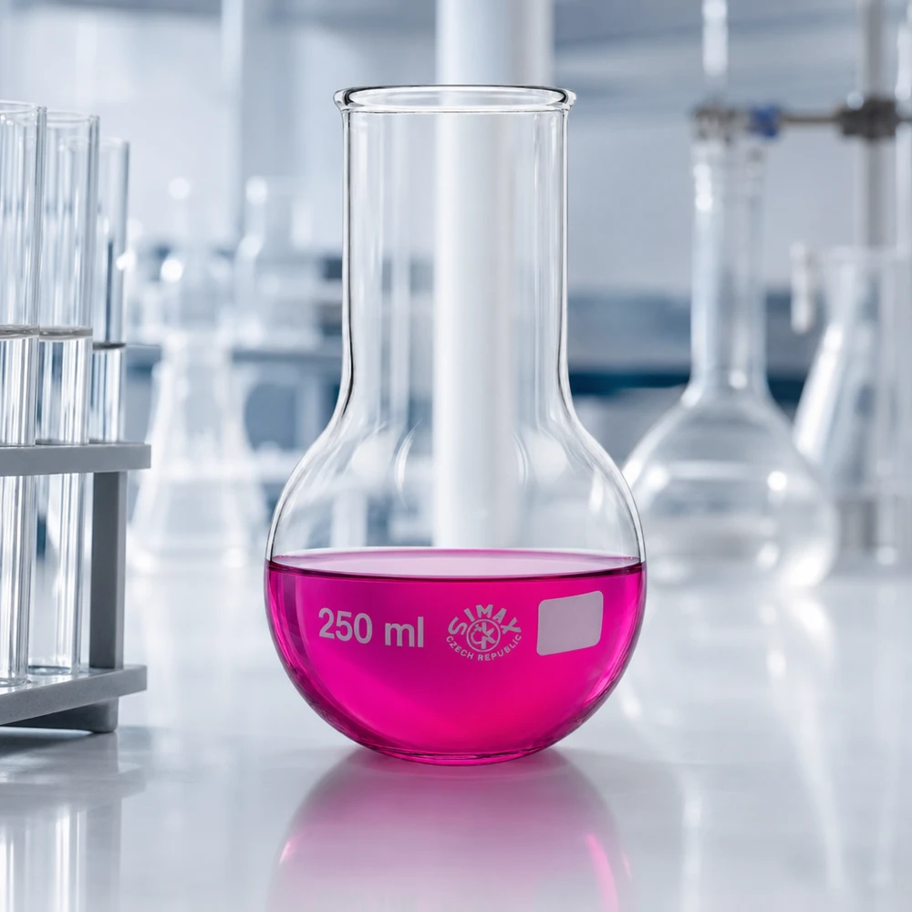 Höftkolv 250 ml bred hals 250 ml laboratoriekolv med bred mynning och rosa vätska för kemiska experiment