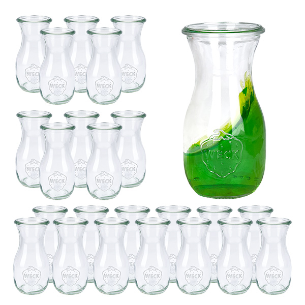 Set med 24 Weck-burkar 290 ml juiceflaska