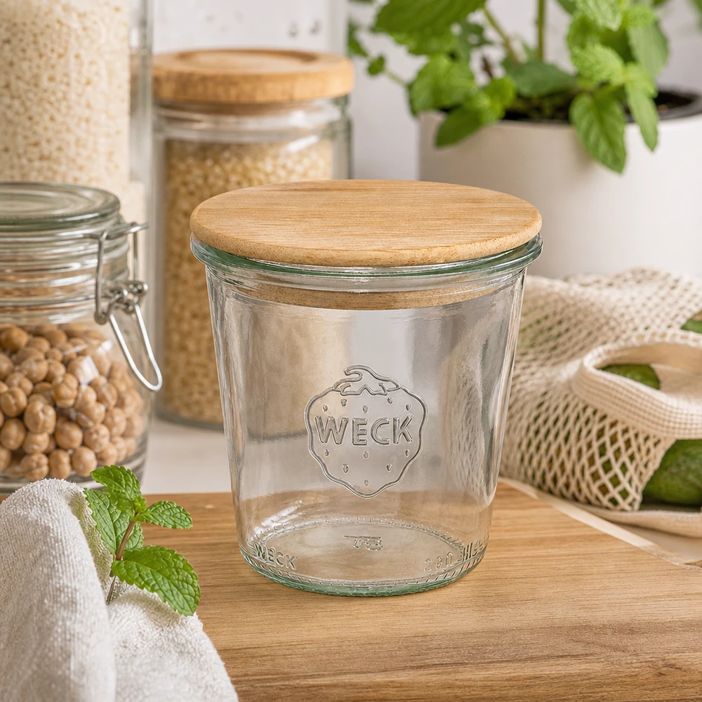 290ml Krossade glasögon WECK RR80 med trälock WECK dricksglas 290ml RR80 med trälock i hållbart kök med förvaringsburkar örter och naturmaterial