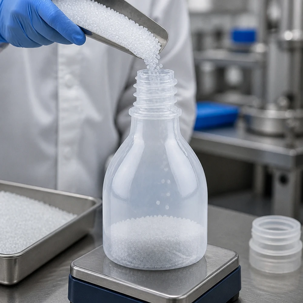 20 ml laboratorieflaska med smal hals utan lock på en precisionsvåg vid vägning av granulat