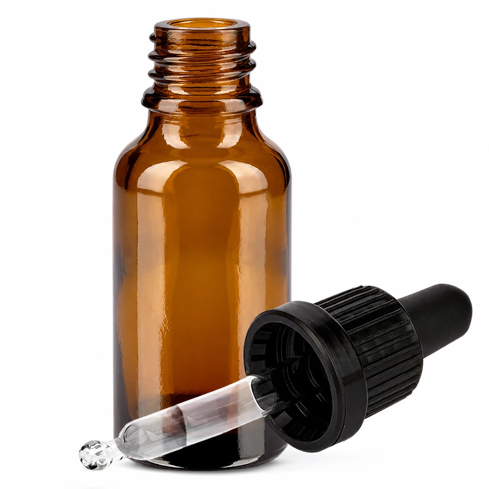 20 ml pipettflaska svart med tamperförslutning BrownLine UT18/20 Bärnstensfärgad 20 ml glasflaska med pipett och svart skruvlock för exakt dosering