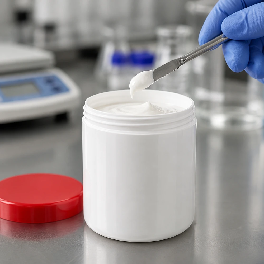 Salvburk 20g vit med rött skruvlock (polypropylen) Vit 20 g-salvburk med rött lock i laboratoriet vid professionell provtagning med spatel
