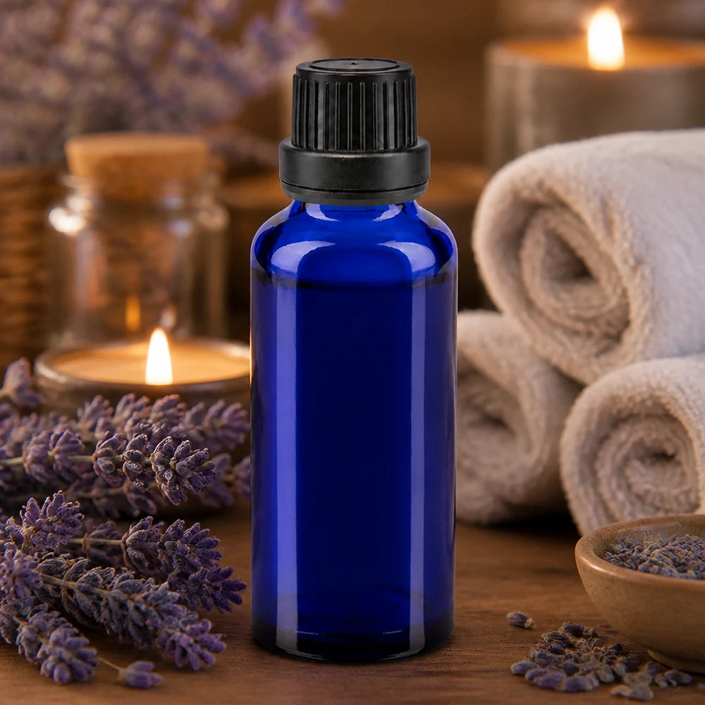 Apoteksflaska blå 30ml skruvkork svart manipuleringssäker förslutning Blå glasflaska på 30 ml med droppflaska för lavendelolja och aromaterapi