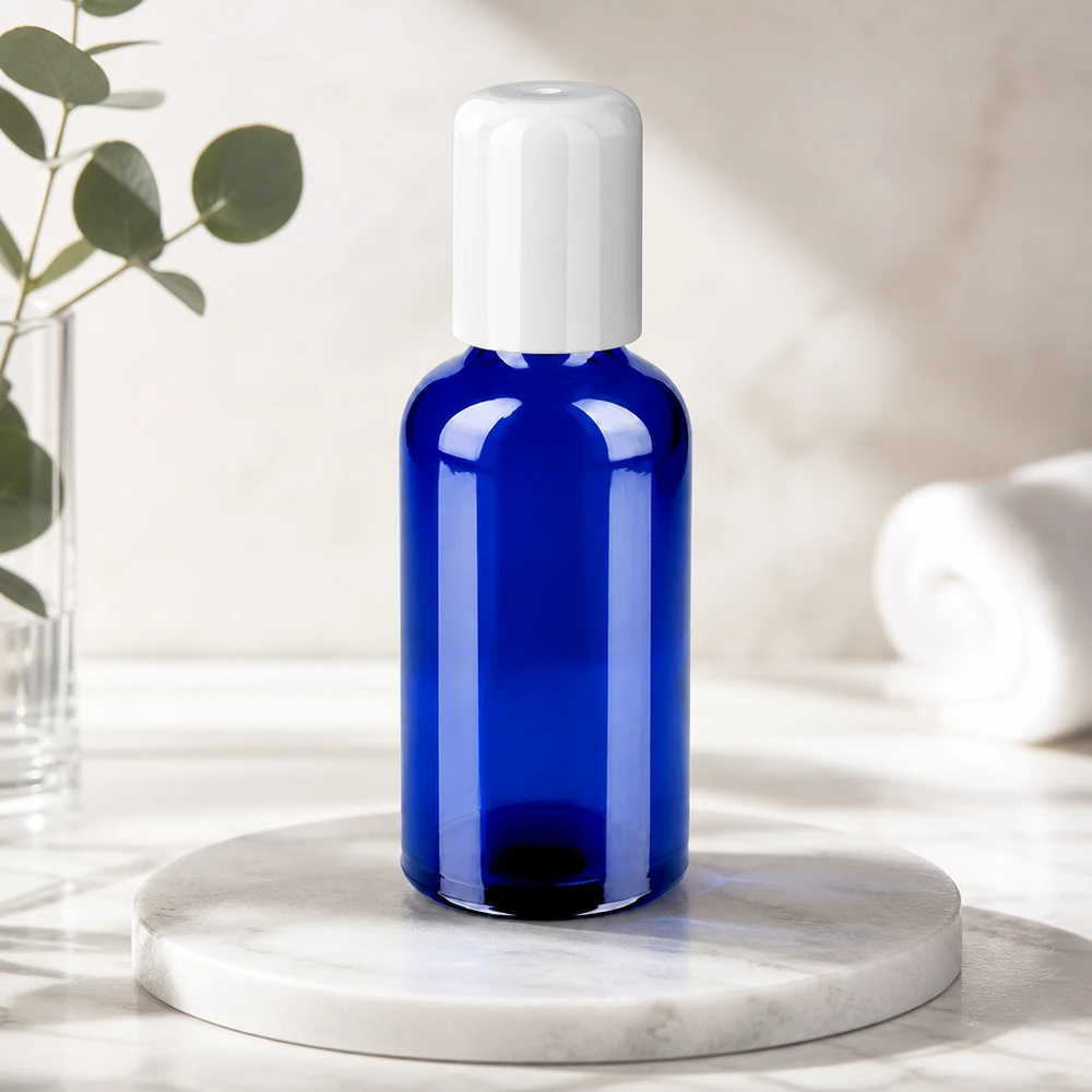 Koboltblå 50 ml roll-on-glasflaska STD BlueLine med vitt lock för mobil användning