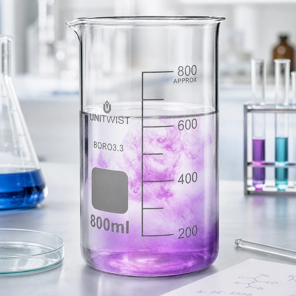 800 ml högt becherglas av typen UNITWIST med violett vätska i laboratoriet, borosilikatglas