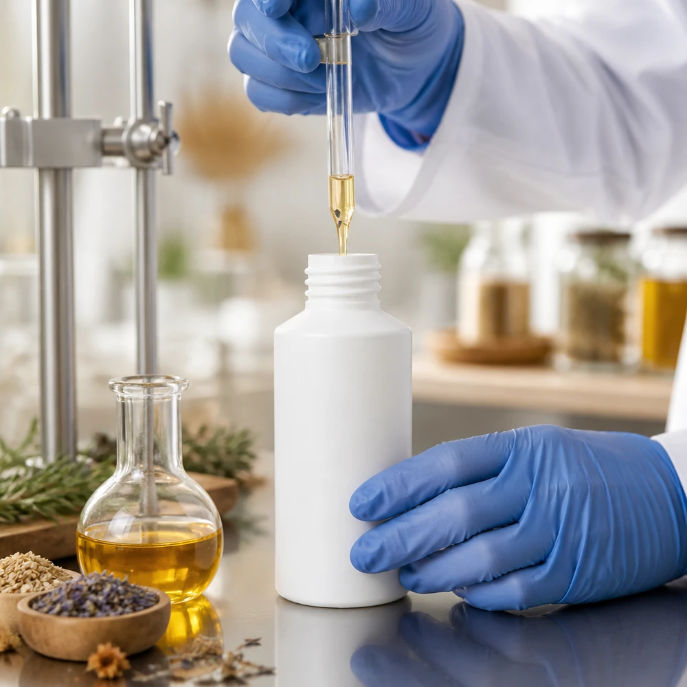 En laboratorieassistent fyller en vit 50 ml HDPE-apotekflaska utan lock med en pipett