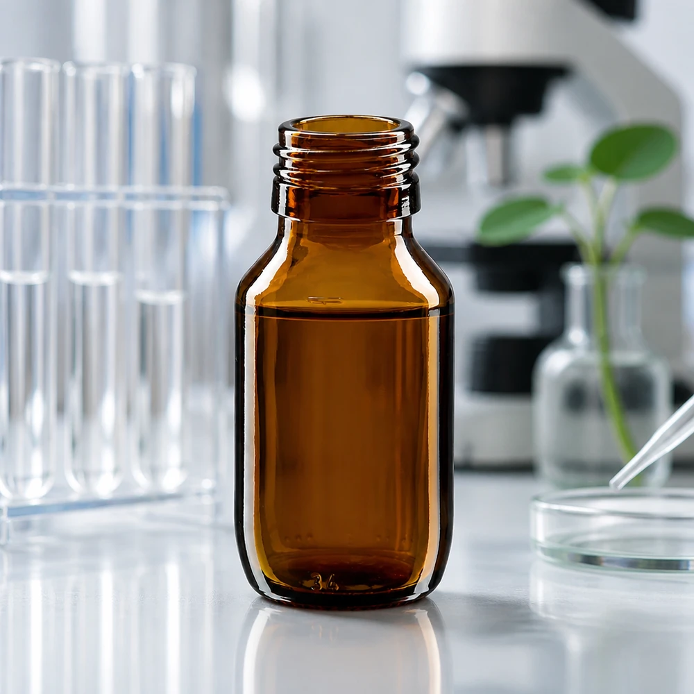 50ml medicinflaska brun, utan lock PP28 ApoGlas Liten 50 ml apoteksflaska i bärnstensfärgat glas utan lock PP28-gänga för laboratoriebruk