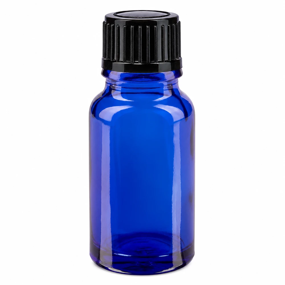 Apoteksflaska blå 10ml dropplock 1mm svart standard 10 ml blå apotekarflaska i glas med svart droppkork, 1 mm öppning