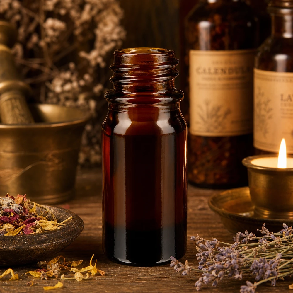 5ml brun glasflaska ApoGlas med medicinalväxter mortel och stearinljus i en naturlig apoteksatmosfär