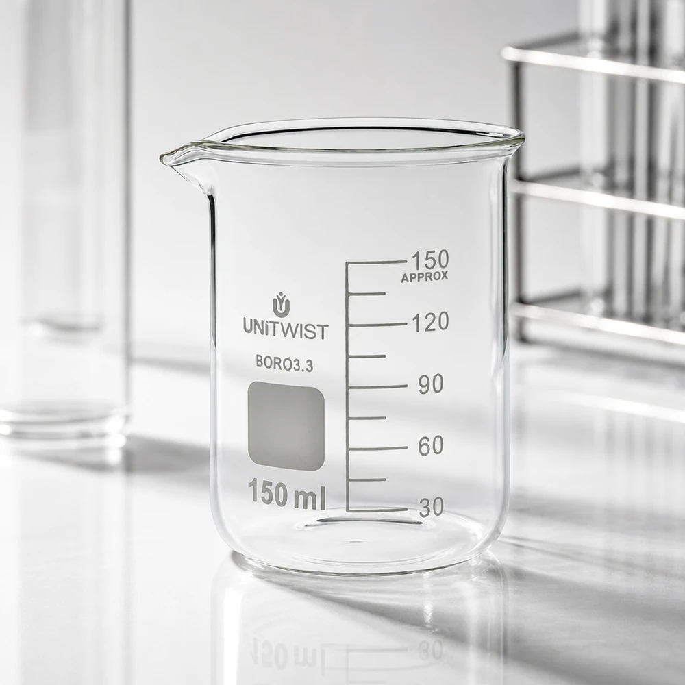 Bägare 150 ml borosilikat, lågformad UNiTWIST UNiTwist mätglas 150 ml, borosilikatglas 3.3, låg form, tomt på en vit laboratorieyta