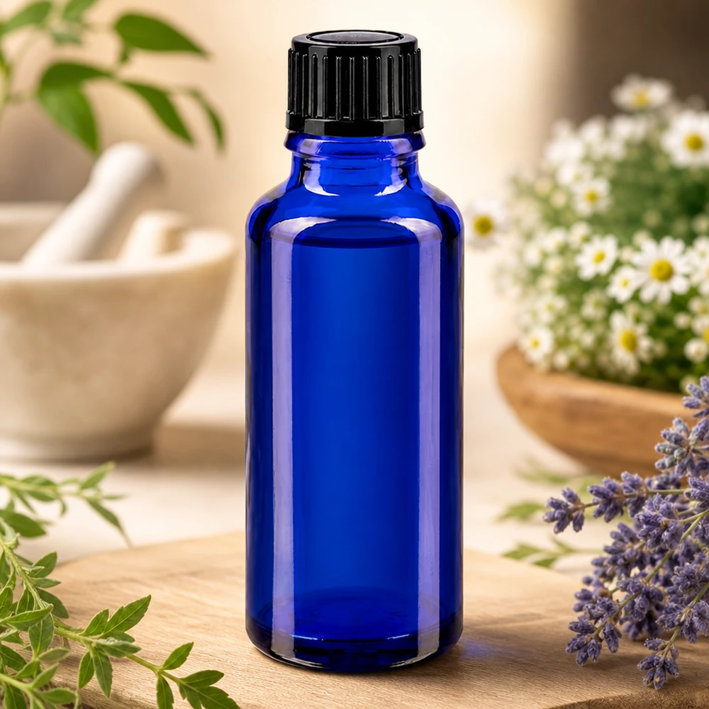 Apoteksflaska blå 30ml skruvlock svart standard Blå glasflaska på 30 ml med svart 11 mm-kork, omgiven av kamomillblommor och örter