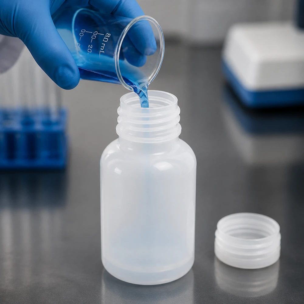 Laboratorieteknikern häller blå vätska från ett mätbägare i en 100 ml bredhalsad flaska medan han bär blå handskar